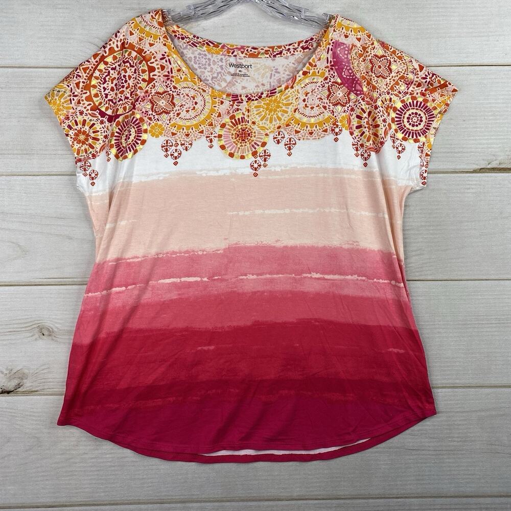 Westport Tee Shirt Top Womens XL Dolman Sleeve Pink Ombre Floral Boxy Artsy